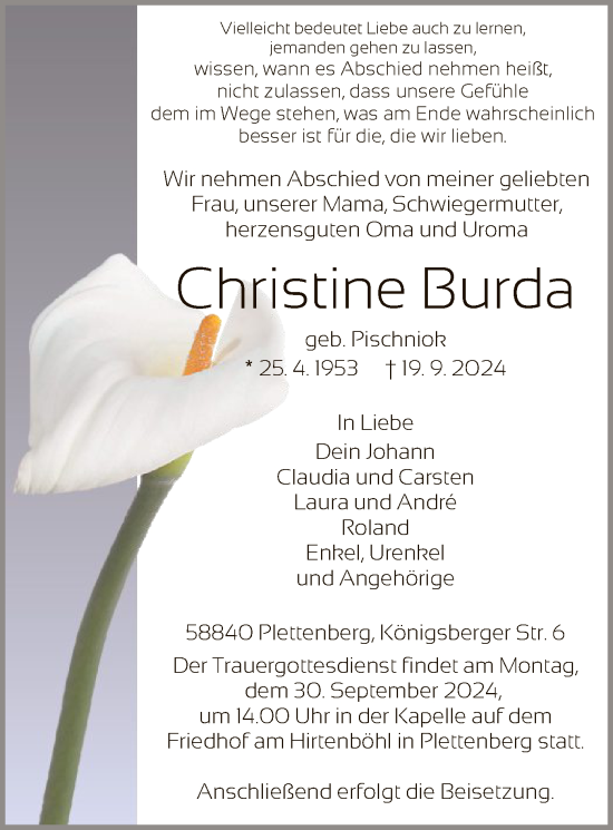 Todesanzeige von Christine Burda von WA