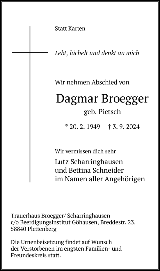 Todesanzeige von Dagmar Broegger von WA