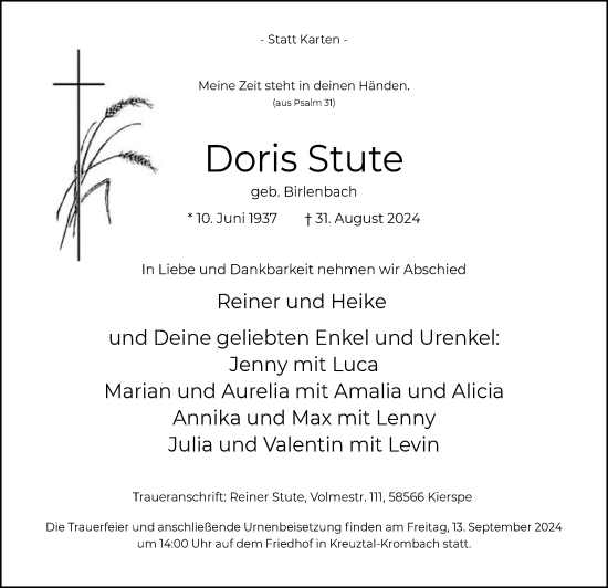 Todesanzeige von Doris Stute von WA