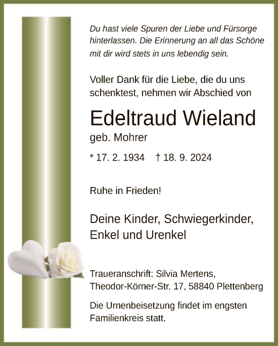 Todesanzeige von Edeltraud Wieland von WA