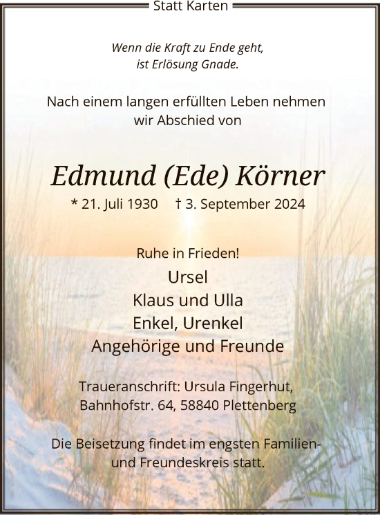 Todesanzeige von Edmund Körner von WA