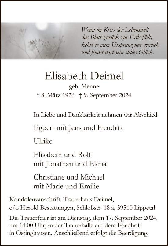 Todesanzeige von Elisabeth Deimel von WA