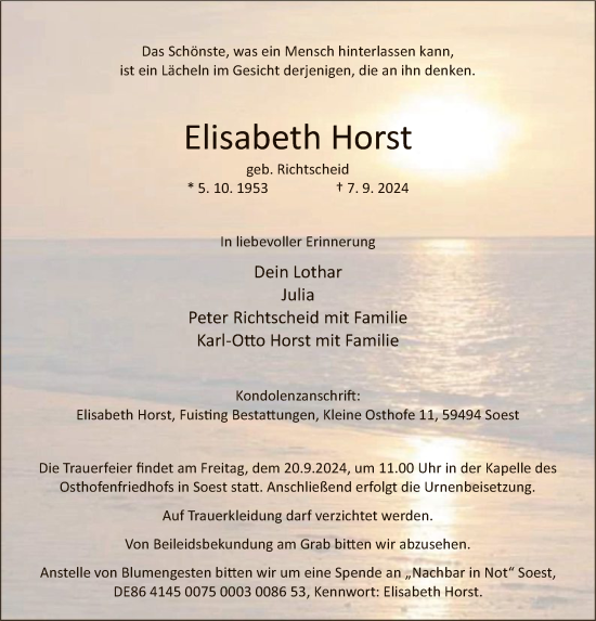 Todesanzeige von Elisabeth Horst von WA