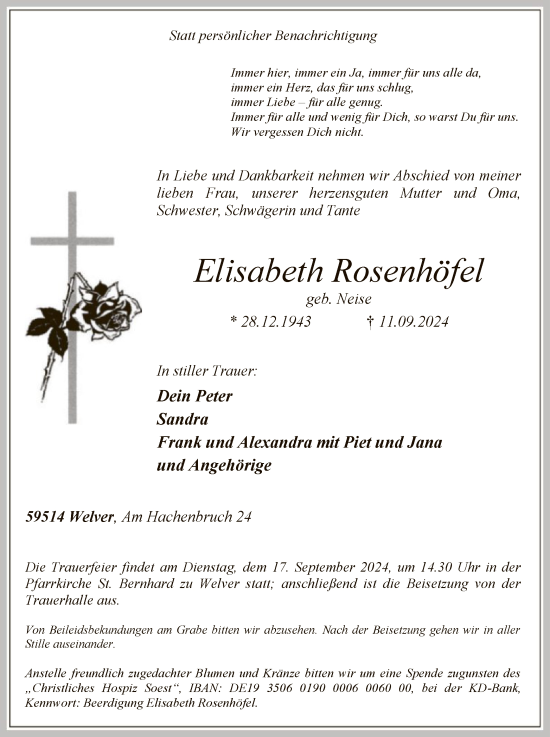 Todesanzeige von Elisabeth Rosenhöfel von WA