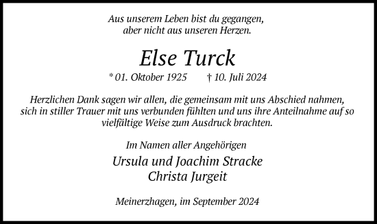 Todesanzeige von Else Turck von WA