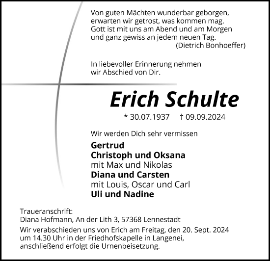 Todesanzeige von Erich Schulte von WA