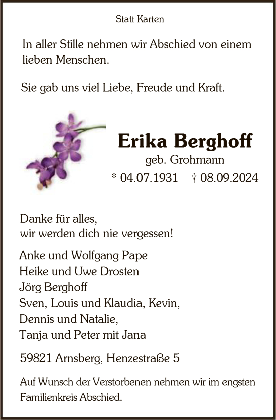 Todesanzeige von Erika Berghoff von WA