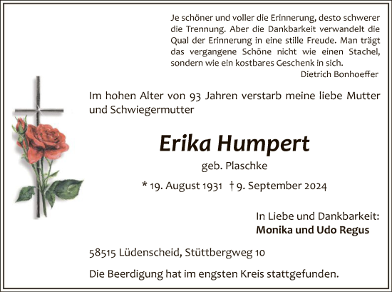 Todesanzeige von Erika Humpert von WA