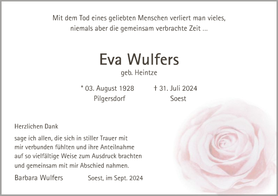 Todesanzeige von Eva Wulfers von WA