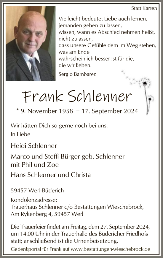 Todesanzeige von Frank Schlenner von WA