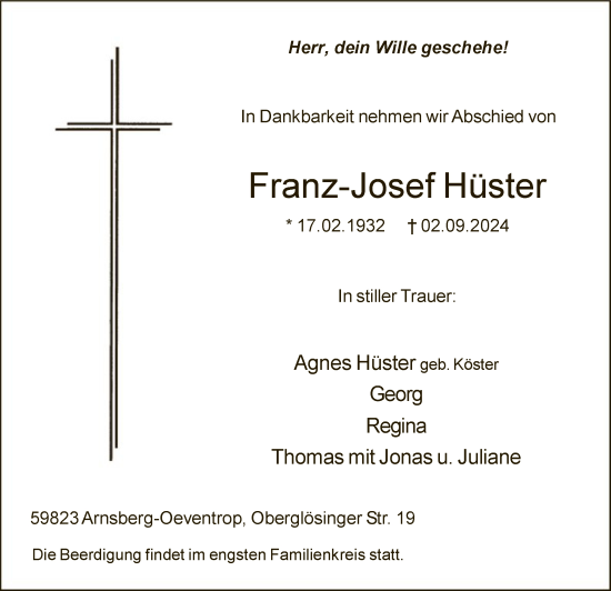 Todesanzeige von Franz-Josef Hüster von WA