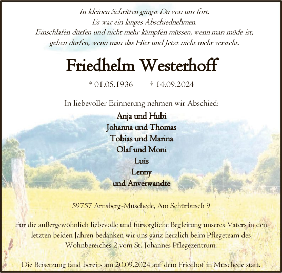 Todesanzeige von Friedhelm Westerhoff von WA