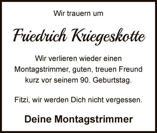 Todesanzeige von Friedrich Kriegeskotte von WA