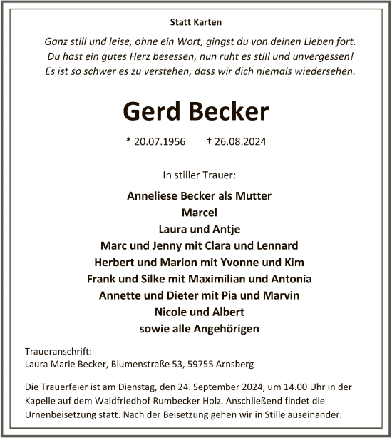 Todesanzeige von Gerd Becker von WA