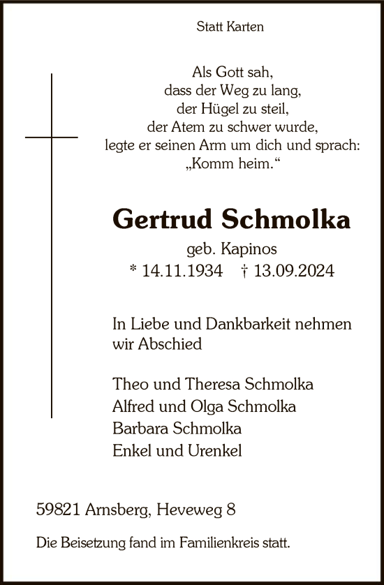 Todesanzeige von Gertrud Schmolka von WA