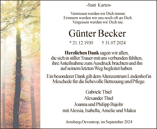 Todesanzeige von Günter Becker von WA