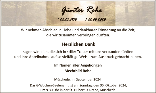 Todesanzeige von Günter Rohe von WA