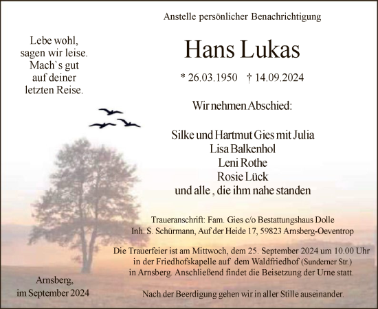 Todesanzeige von Hans Lukas von WA