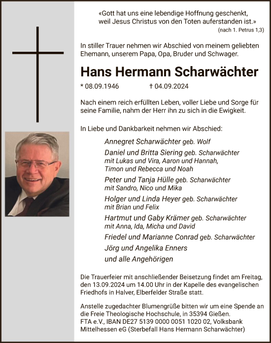 Todesanzeige von Hans Hermann Scharwächter von WA