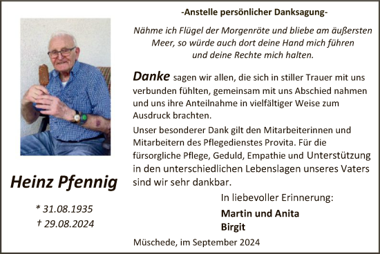 Todesanzeige von Heinz Pfennig von WA