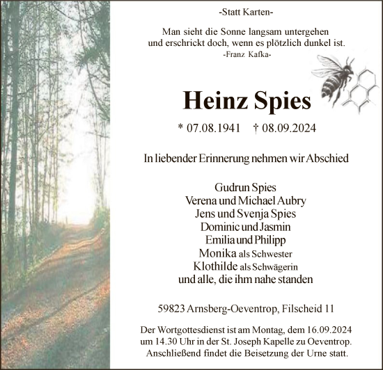 Todesanzeige von Heinz Spies von WA