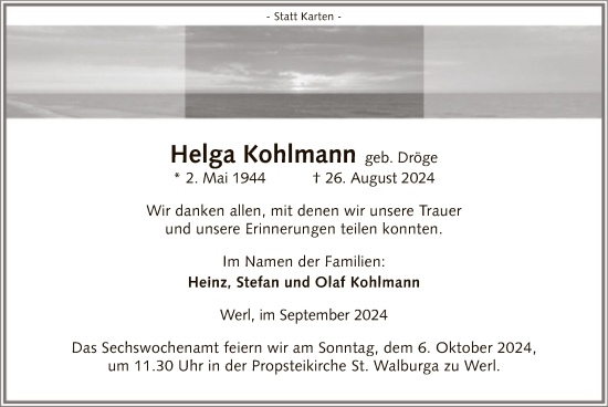 Todesanzeige von Helga Kohlmann von WA