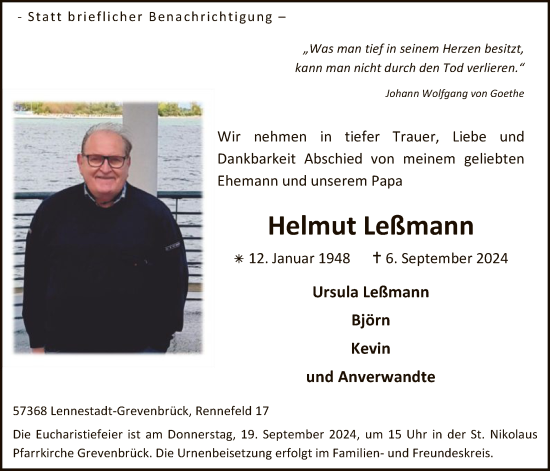 Todesanzeige von Helmut Leßmann von WA