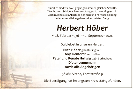 Todesanzeige von Herbert Höber von WA