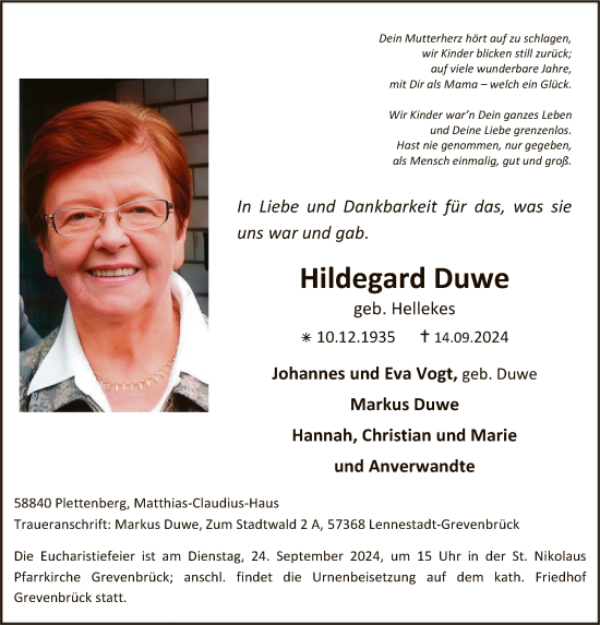 Todesanzeige von Hildegard Duwe von WA