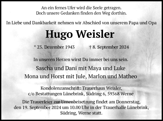 Todesanzeige von Hugo Weisler von WA