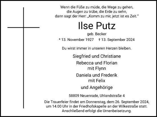 Todesanzeige von Ilse Putz von WA