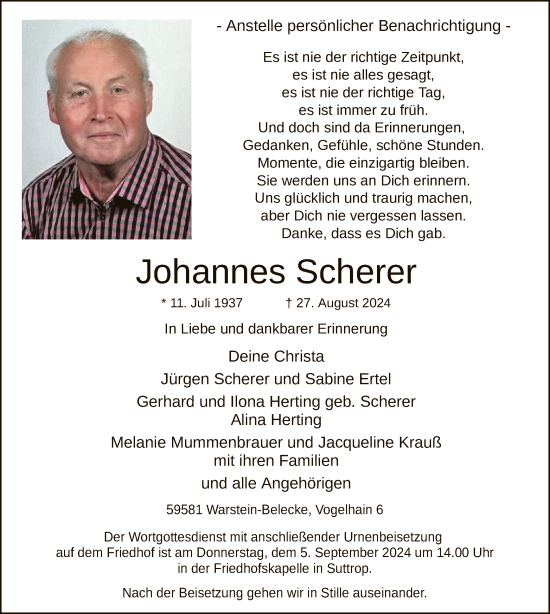 Todesanzeige von Johannes Scherer von WA