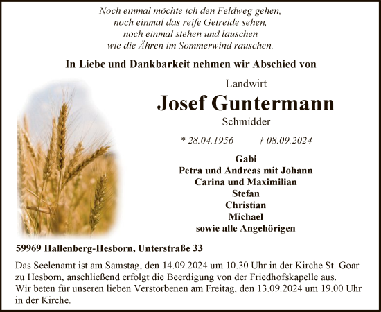 Todesanzeige von Josef Guntermann von WA