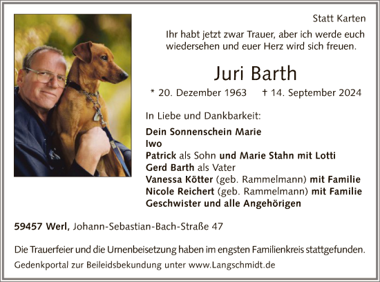 Todesanzeige von Juri Barth von WA