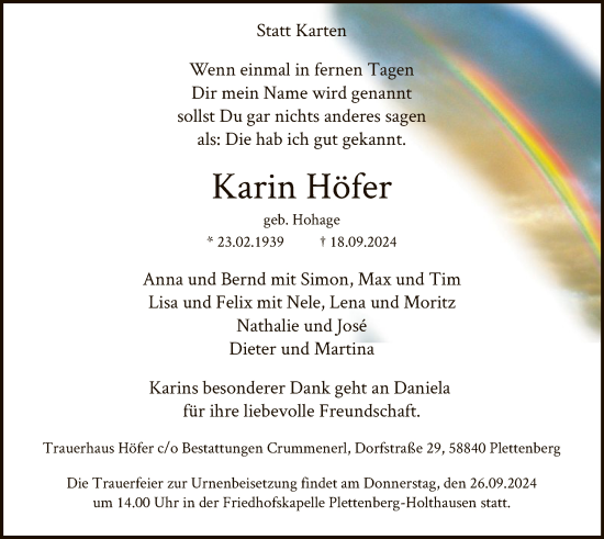 Todesanzeige von Karin Höfer von WA