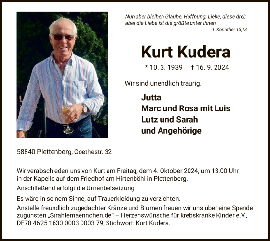 Todesanzeige von Kurt Kudera von WA