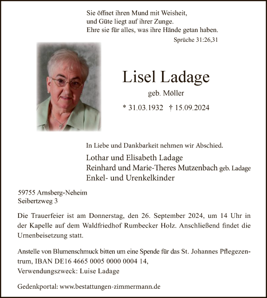 Todesanzeige von Lisel Ladage von WA