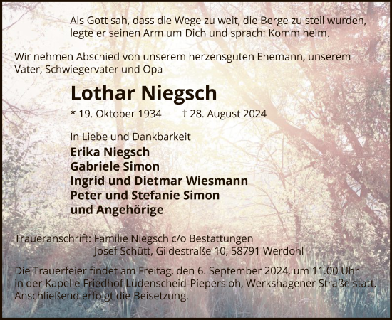 Todesanzeige von Lothar Niegsch von WA