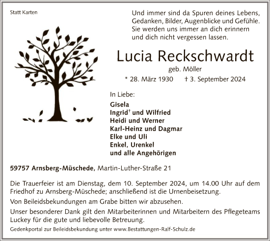 Todesanzeige von Lucia Reckschwardt von WA