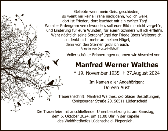 Todesanzeige von Manfred Werner Walthes von WA