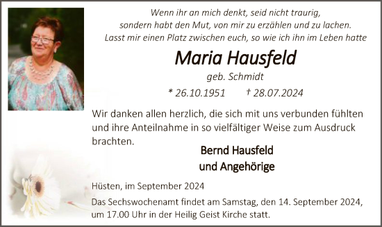 Todesanzeige von Maria Hausfeld von WA