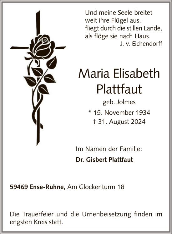 Todesanzeige von Maria Elisabeth Plattfaut von WA