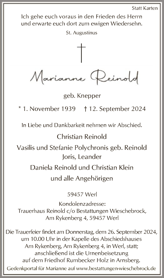 Todesanzeige von Marianne Reinold von WA