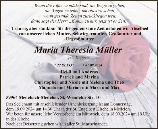 Todesanzeige von Maria Theresia Müller von WA