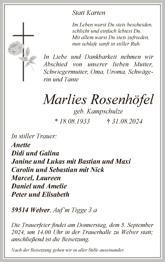 Todesanzeige von Marlies Rosenhöfel von WA