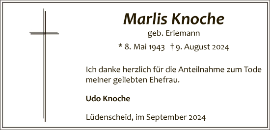 Todesanzeige von Marlis Knoche von WA