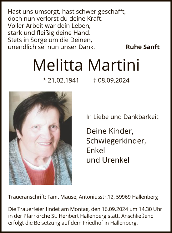 Todesanzeige von Melitta Martini von WA