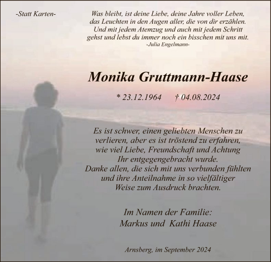 Todesanzeige von Monika Gruttmann-Haase von WA