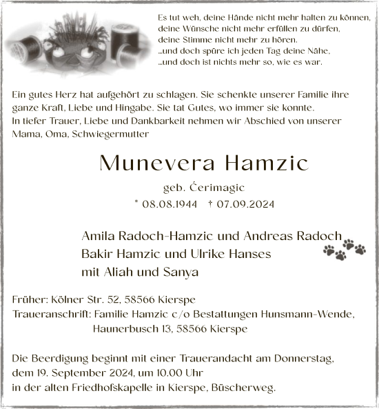 Todesanzeige von Munevera Hamzic von WA