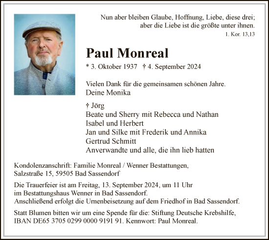 Todesanzeige von Paul Monreal von WA